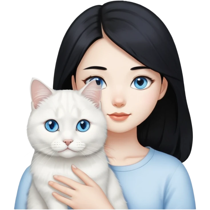 black hair Asia girl with White British longhair cat blue eyes  emoji