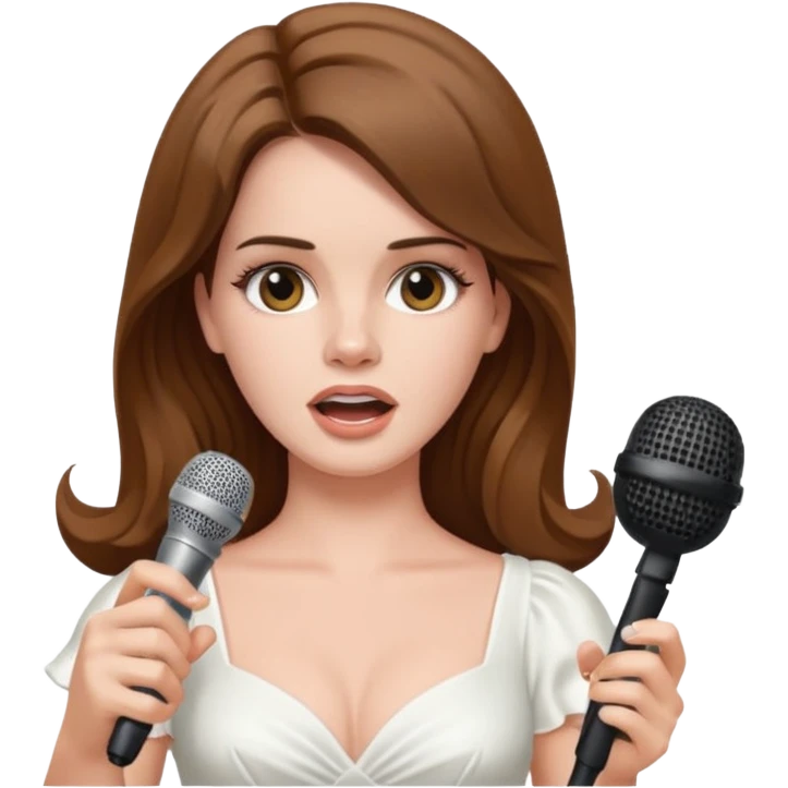 Lana Del Rey singing, white dress, holding a microphone, minimal details, expressive face, simplified emoji style emoji