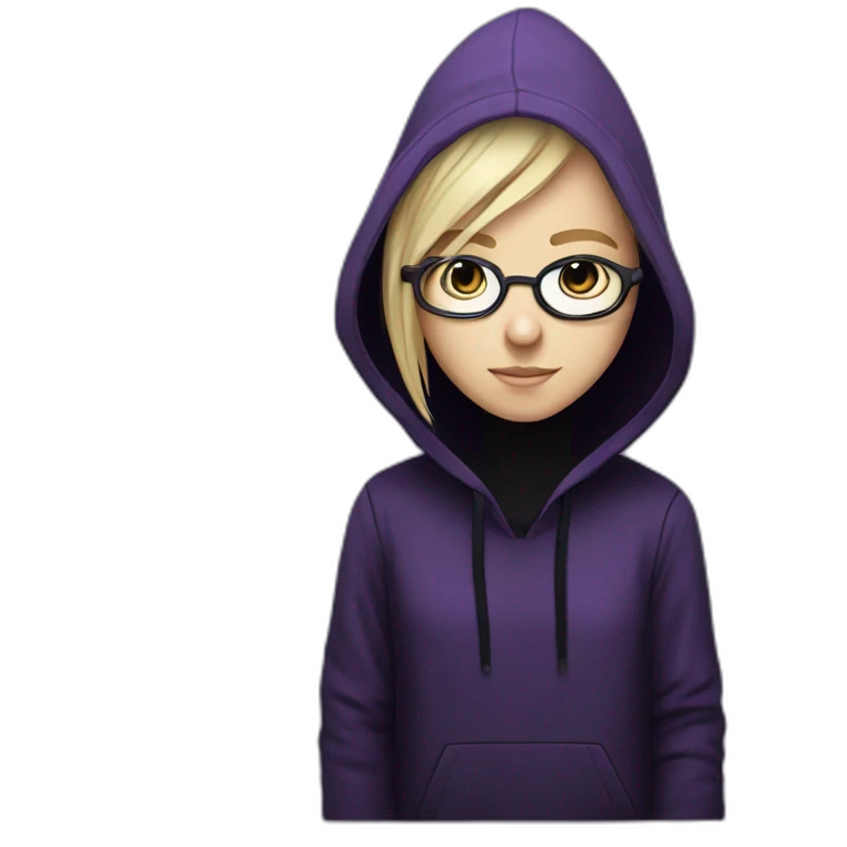 Girl blond artist with round glasses left side behind his laptop with this style: Alan Walker Singer purple character purple black hooded hacker themed character emoji
