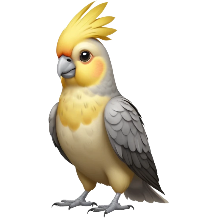 cinematic-[cockatiel]-realistic-full-body-sitting-emoji,-head-tilted-dramatically,-grey and yellow feathers,-simplified-yet-realistic-focused-features,-highly-detailed,-glowing-with-an-almost-sarcastic-glow emoji