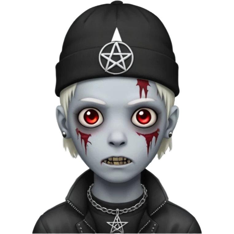 zombie boy emoji, apple style, pentagram on forehead, wearing choker and beanie, emo, no text emoji