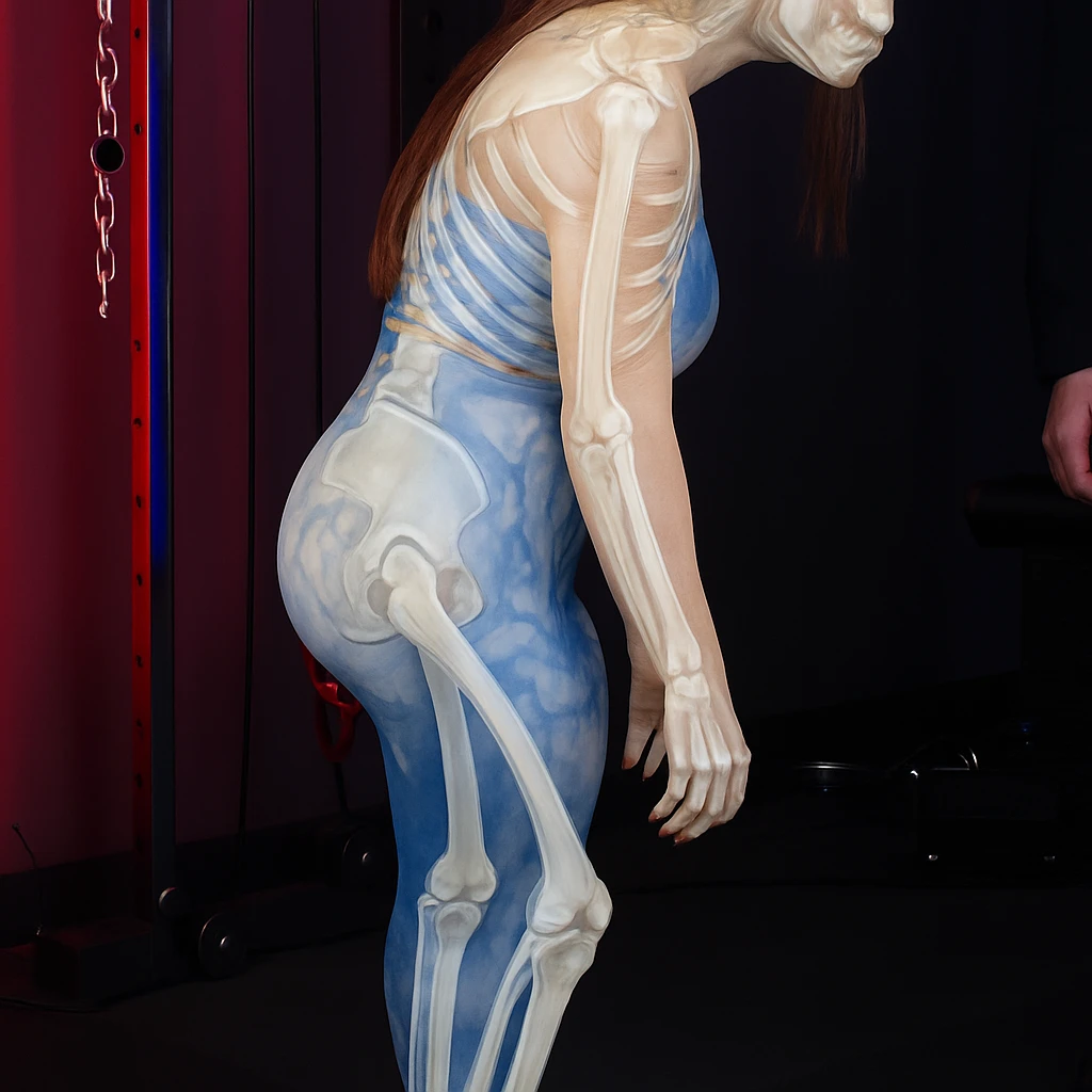 Overlay transparent anatomical bones only on the photo of the girl, maintaining her posture and original details. Use a clear medical illustrative style with a clear overlay effect. emoji