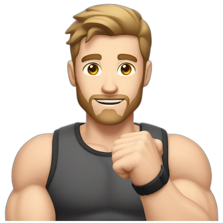 Close up Actively gesturing  with hands Pale skinned Fit Man With the biceps and brown hair in dark gray Sleeveless Mike, black oversize sports shorts, watch and white Sneakers emoji