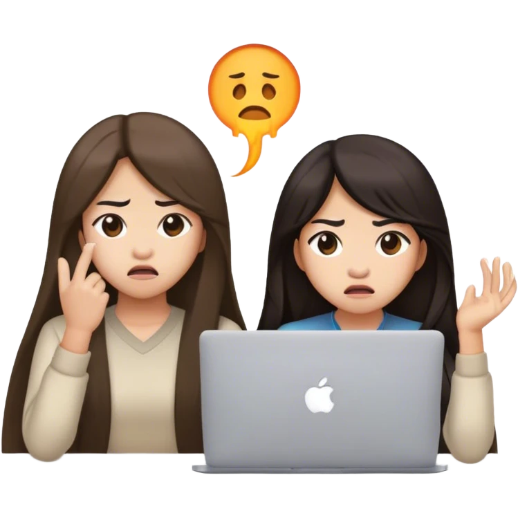 two asian girls long hair disgusted in front of macbook emoji