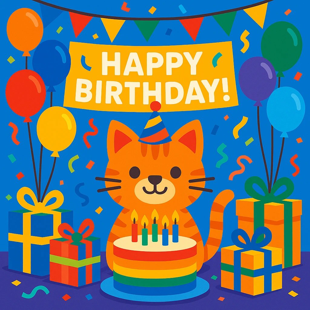 birthday party scene with rainbow balloons, multicolored decorations, confetti, large rainbow birthday cake, gifts, festive atmosphere, featuring a ginger tabby kitten wearing a birthday hat as the main character, with a prominent 'Happy Birthday!' message emoji