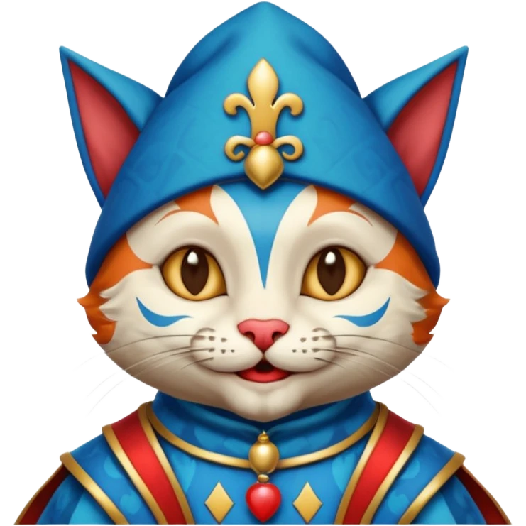 crazy colorful cute little cat jolly joker from poker, medieval, vintage, court jester, mac os icon, blue color, half body emoji