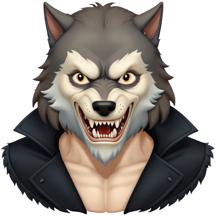 Fenrir Greyback in harry potter, black open chest coat, wolf face, bared teeth emoji