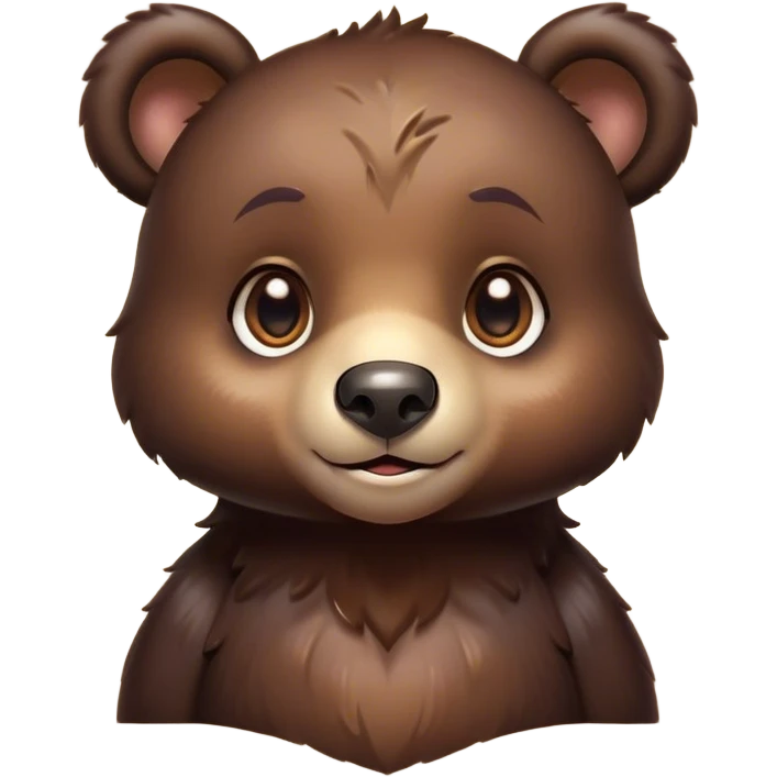 Cinematic Cute bear cub Portrait Emoji, Head tilted playfully and inquisitively, featuring a glossy dark brown fur with a natural sheen and round, sparkling eyes filled with gentle curiosity, Simplified yet irresistibly adorable features, highly detailed, glowing with a warm, friendly glow, high shine, affectionate and mighty, stylized with a touch of woodland whimsy, bright and endearing, soft glowing outline, capturing the essence of a mischievous yet loving bear cub, so playful it feels like it could amble out of the screen and into your arms! emoji