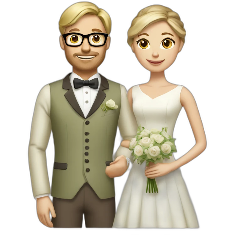 Wedding couple. She has a chignon with Brown Hair and he has a light olive green suit with a brown vest. He wears glasses and is blond. emoji