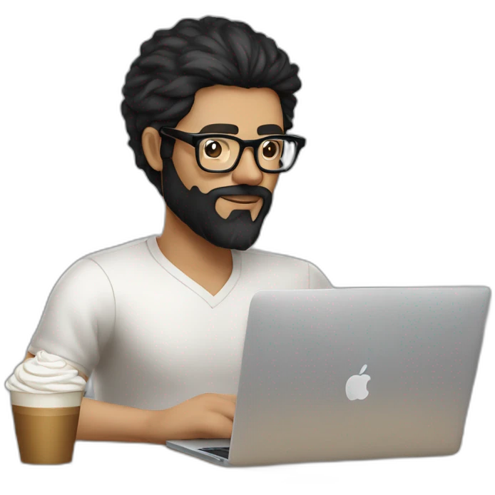 Designer with black hair, beard and glasses working with MacBook and drinking cappuccino  emoji