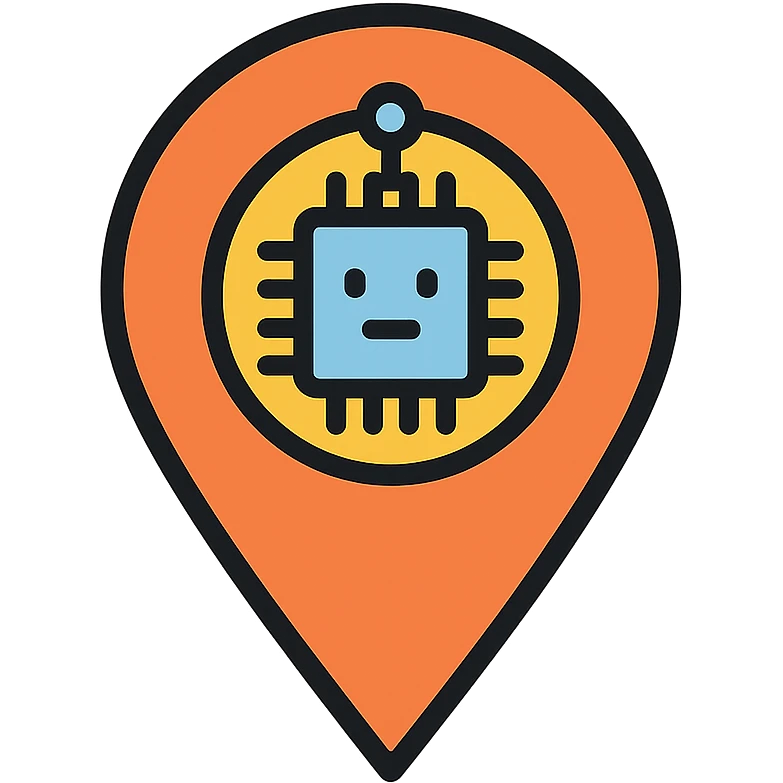 clean logo for '여행Javis' featuring a map pin icon with a small robot or AI chip element, flat design, minimal colors, very simple emoji