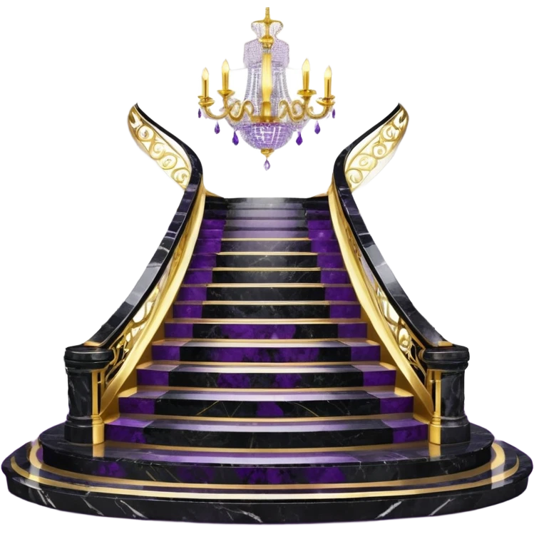 Luxurious black marble hallway stairs with gold and white accents  with purple crystals in chandelier emoji