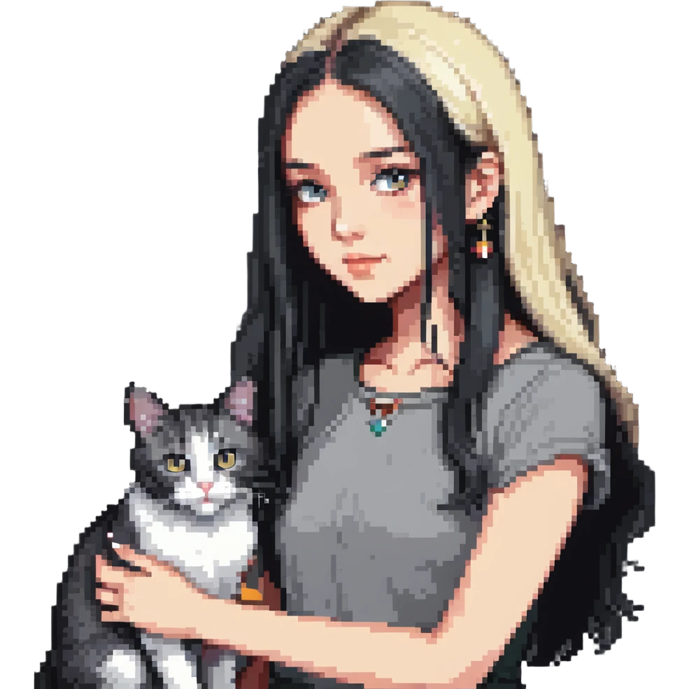 Beautiful girl with long black hair petting a gray and blonde mixed cat emoji