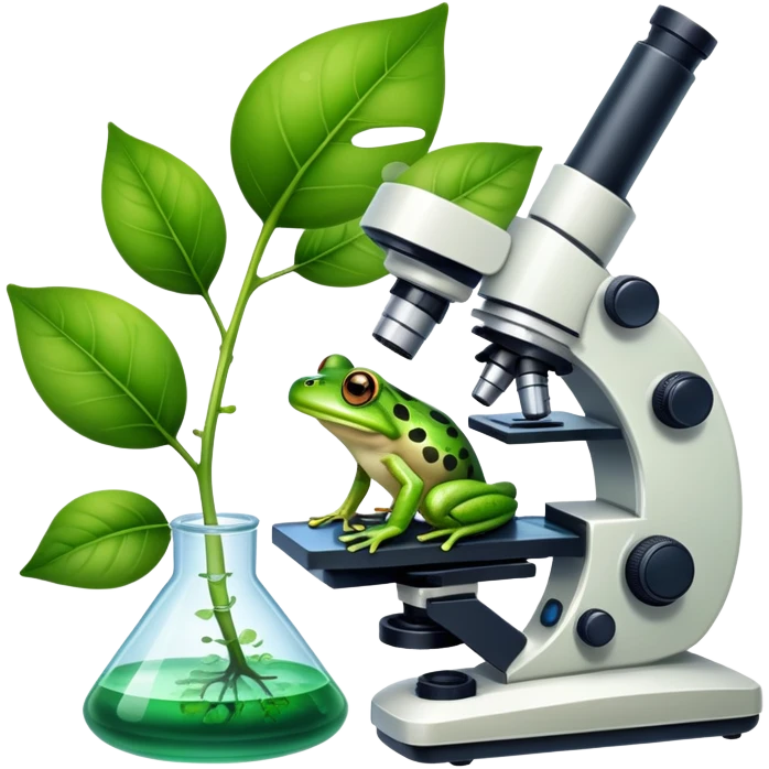 An icon featuring a DNA strand, a microscope, and a green leaf, symbolizing biology. The design includes animal cells, plant structures, and a frog, representing the study of living organisms and ecosystems. Transparent background highlights life sciences and biological research. emoji
