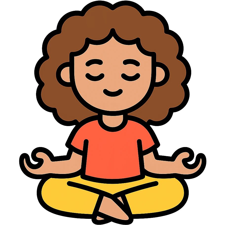 brunette girl with curly hair meditating, sitting cross-legged, colored icon emoji