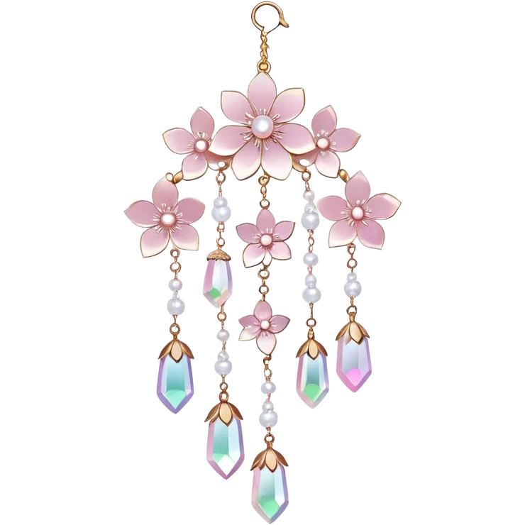 Hanging Iridescent pastel pink sakura crystals white-pearly suncatcher with bells and feathers emoji