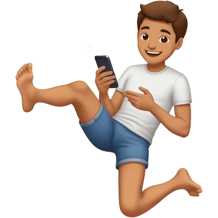 Looking at phone giggling with feet behind kicking emoji