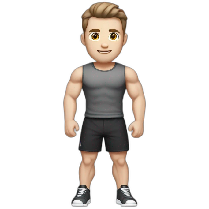 Pale skinned Fit Man With the biceps and dark brown hair in black shirt, gray sports shorts and white Sneakers emoji