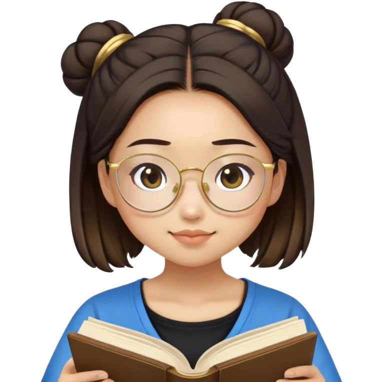 pretty asian girl sitting reading a blue book black top gold glasses brown hairbun emoji