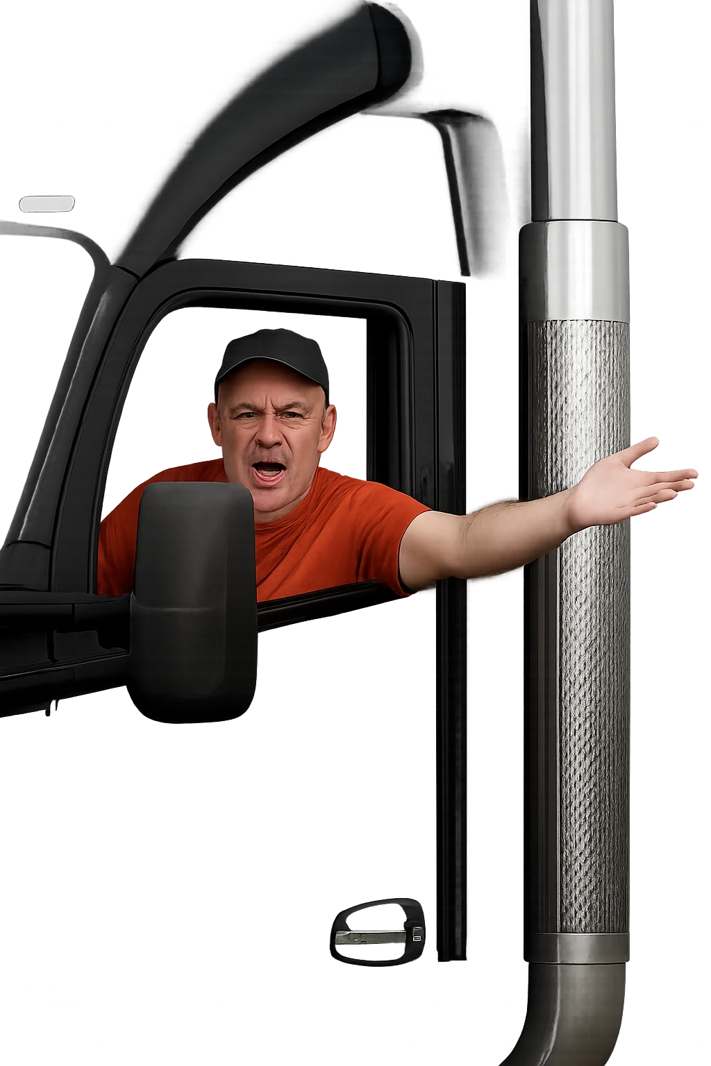 Zoom in closer on the cab of the truck. Make the person in the truck look angry, bald, wearing an orange shirt and a baseball cap. Keep the truck black with a chrome stack. Maintain a transparent background. emoji