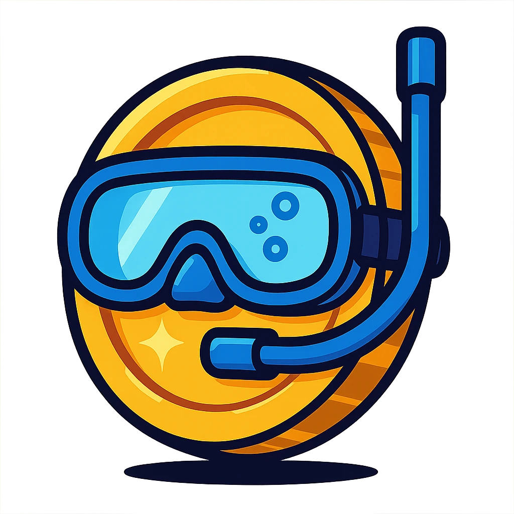 shiny gold coin wearing a blue diving mask, cartoon style emoji