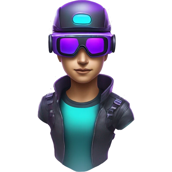 Secret human agent in a futuristic hat with in Apple VR goggles headset code display on the goggles , cyberpunk, cyan and purple colors, only upper body portrait, front facing the camera  emoji