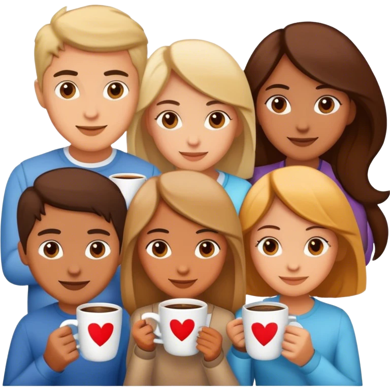 friends drinking coffee in a mug with the logo “v.love” emoji