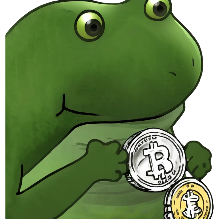 bufo frog (pepe) with a single coin in hand emoji