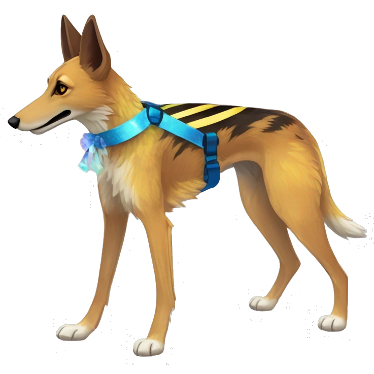  brindle brown black maroon striped lurcher Alsatian fox running blue eyes and iridescent holographic oilslick harness wearing paper iridescent tropical flower crown yellow caution tape emoji