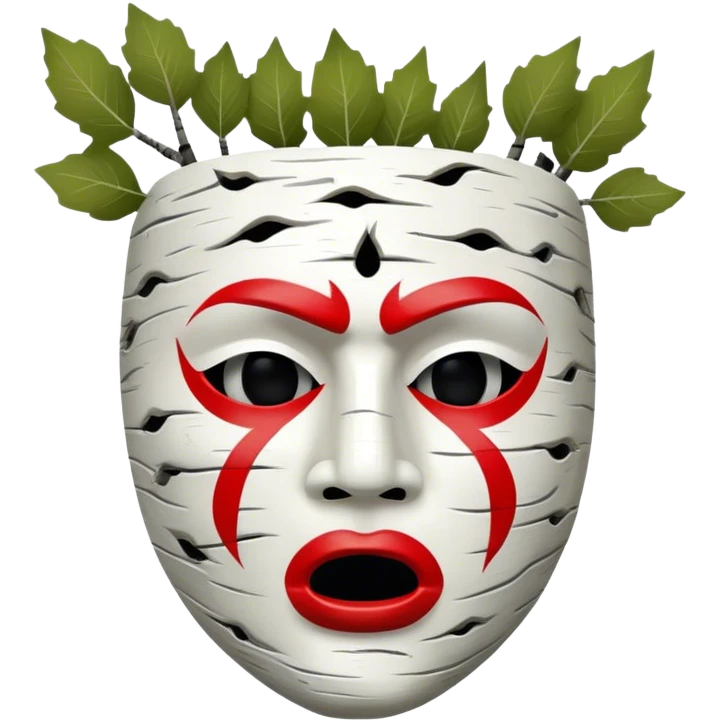 birch tree male mask in kokoshnik expressing anger, white, black and red palette, the texture has black marks emoji