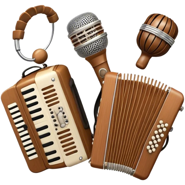 Create a warm and inviting humanless emoji representing folk singing. The design should feature a traditional microphone, perhaps with a wooden texture, symbolizing the rustic and authentic feel of folk music. Surround the microphone with subtle elements such as a hand-played tambourine, an accordion, or a balalaika to reflect the folk instruments. Add flowing musical notes to symbolize the vocal melodies. Use earthy, natural colors like browns, reds, and greens to evoke a sense of tradition, warmth, and connection to the community. The background should be transparent. emoji