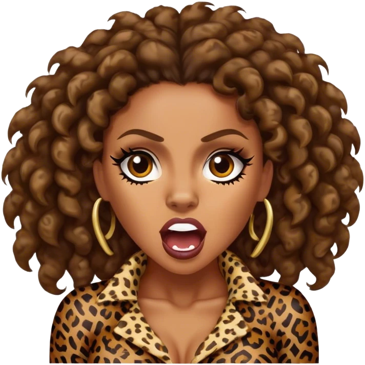 Melanie Brown with brown curls wearing leopard print and growling emoji