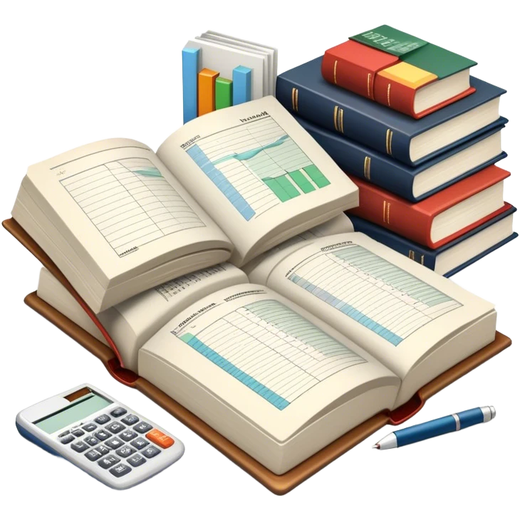 Icon for Business Reading: an open book with graphs, numbers, percentages, formulas, and text on the pages, next to a stack of books, a pile of dollars, a calculator and business magazines like Forbes. Transparent background. emoji