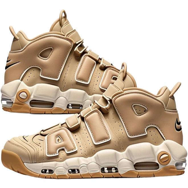 Minimalist pair of beige Nike Air More Uptempo sneakers side by side, clean simple design with AIR lettering on sides emoji