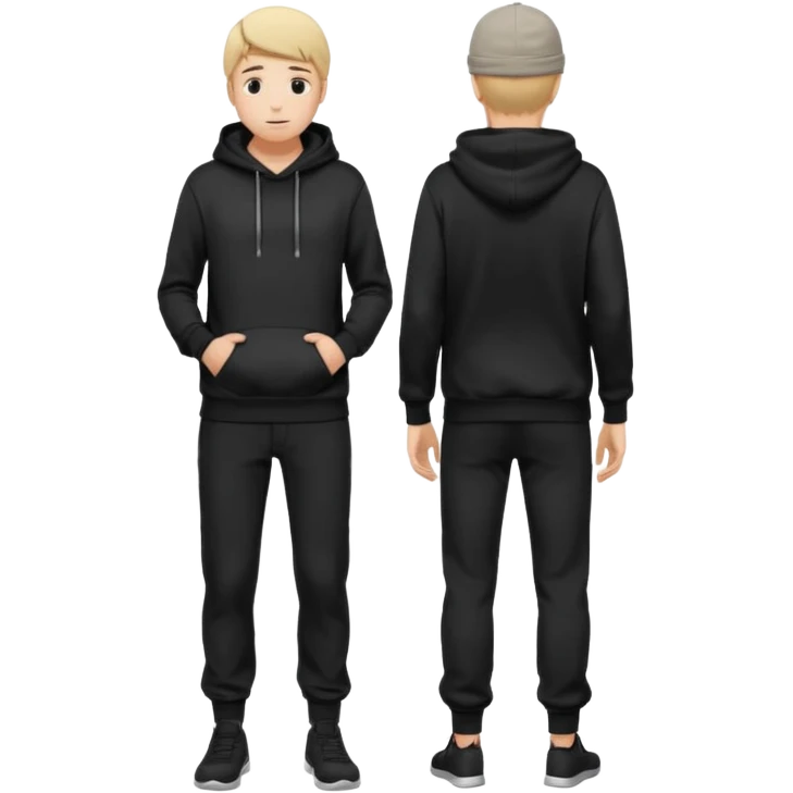 fullbody Mysterious shy caucasian man in black hoodie on head, hands in pockets and black pants rear backview emoji