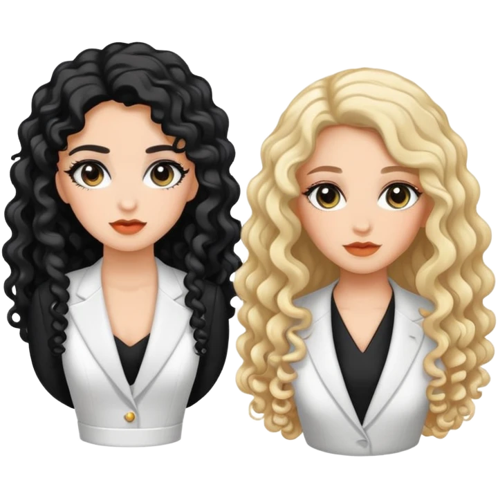 Make stickers of two beautiful girls. One is wearing a black suit and the other is wearing a white dress. Both have long hair, but one has curly hair. The girl with curly hair has eye makeup. emoji