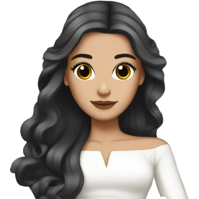 White bride with long black hair and brown eyes with light pink peonies in hair white skin emoji