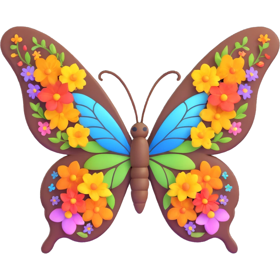 Add various colorful flowers and decorative nature motifs around the butterfly, maintaining the magical, 3D cartoon, digital fantasy art style with transparent background and all existing effects (glowing outline, sparkling accents, magical particles, elegant wings). emoji