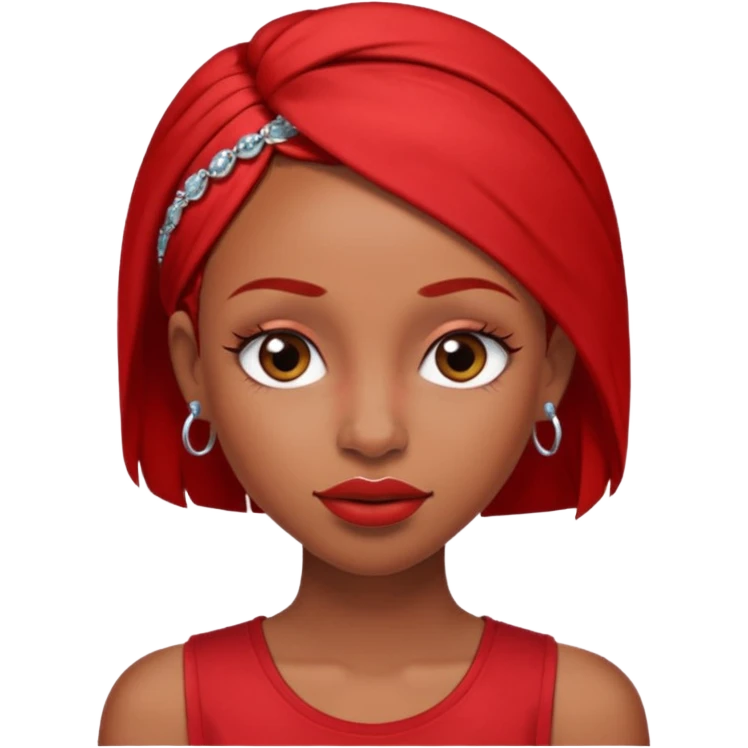 light-skinned black girl with long eyelashes with long strait dark brown hair with edges wearing a red top with no sleeves. and a red accessory on her head with nose and mouth piercings. emoji