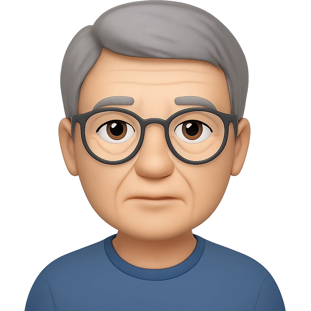 Make the middle aged Asian man look a little older with slightly gray hair, keep glasses, neutral expression, in emoji style, no background. emoji