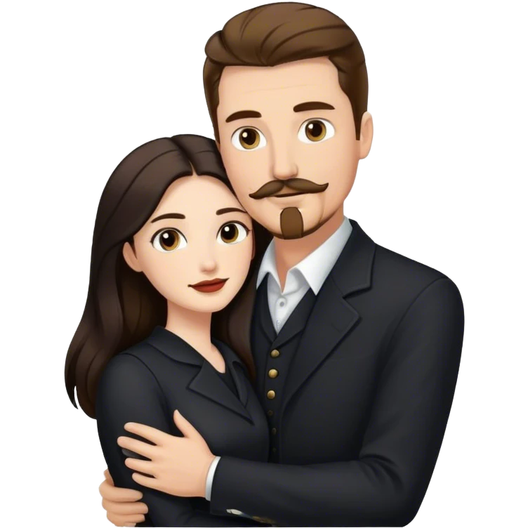 tall white man with brown hair goatee mustache embracing a pale woman with long black hair, wearing elegant clothing, standing portrait emoji