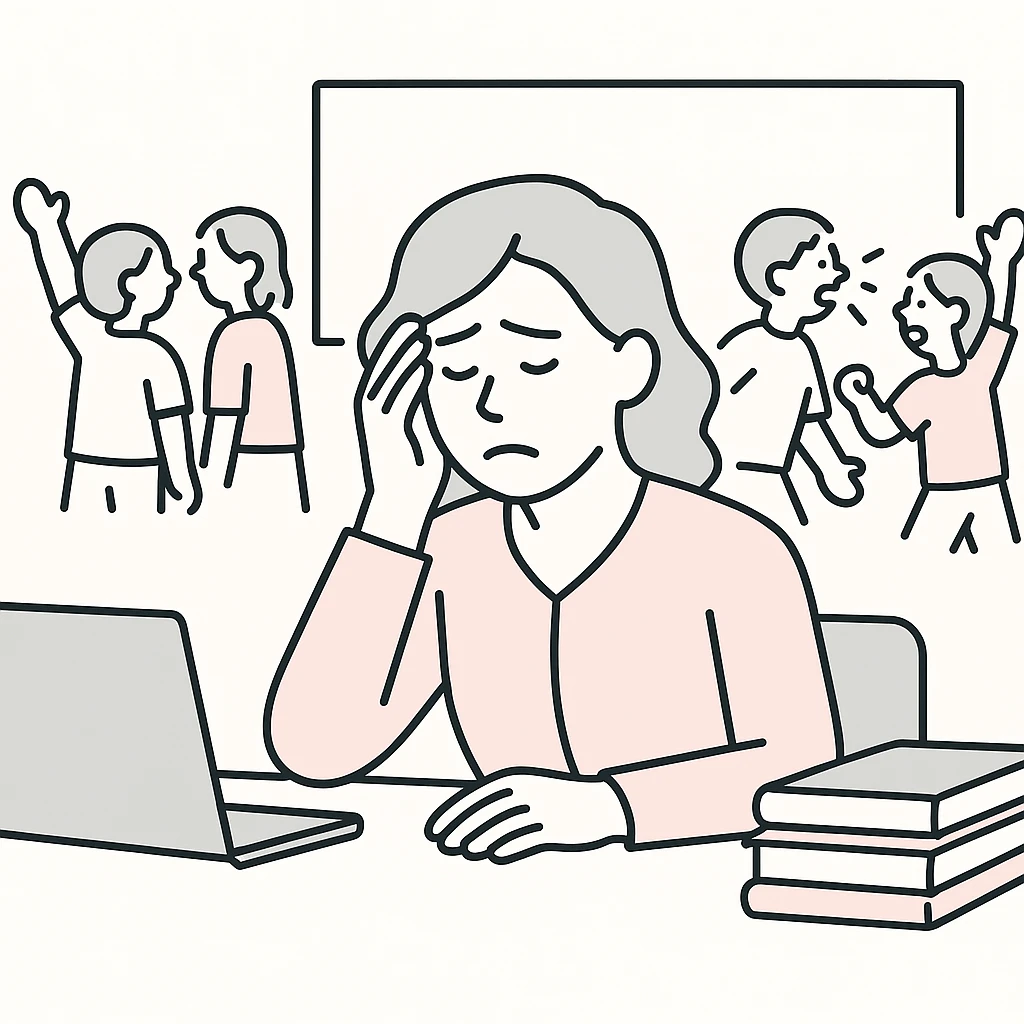 exhausted teacher in a bustling classroom emoji