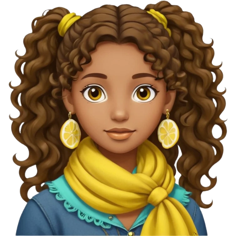 bohemian girl with brown skin, long curly brown hair in a ponytail, lemon yellow scarf, round earrings emoji