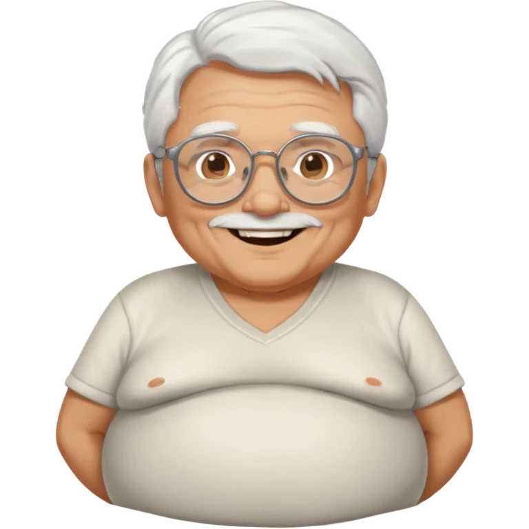 old man with lots of white hair wearing thick glasses with go-tee with a big belly smiling emoji