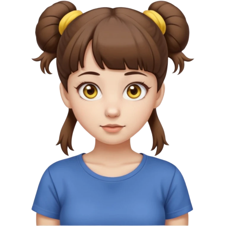 beautiful girl with brown hair with up twin buns style only, straight bangs, yellow eyes, milk brown tshirt, white skin, her body is a little fat  emoji