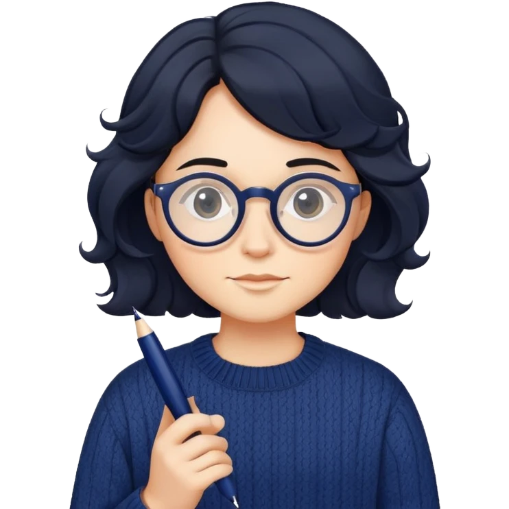 Designer with wavy black hair, round glasses, navy blue sweater, holding a design pen emoji