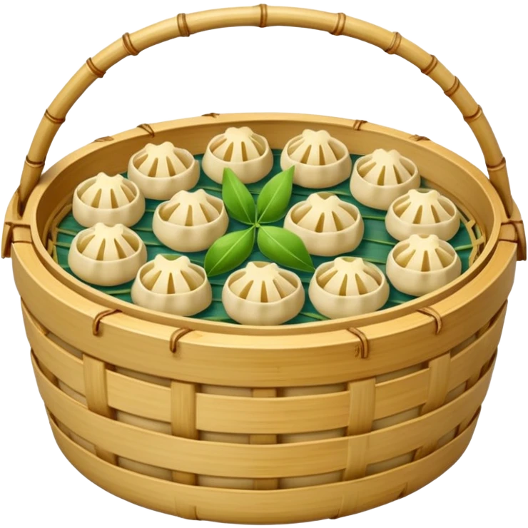 A bamboo steamer basket filled with tiny dumplings. emoji
