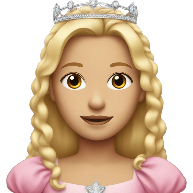 Girl with blonde hair, brown eyes, a tiara, and wearing pink emoji