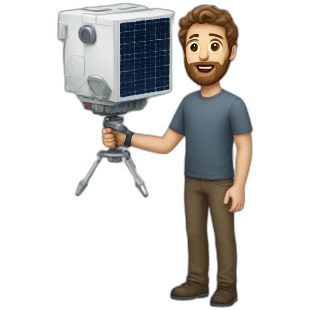 Tall white man brown hair scruffy beard carrying a small cube satellite emoji