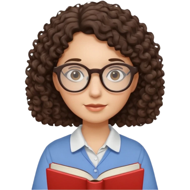 female English teacher with glasses and wearing a shirt, holding an English book. I have dark brown a little curly hair. My glasses are rather round than square shape. emoji